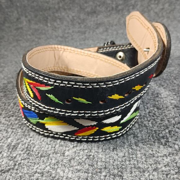 Vintage Embroidered Leather Western Belt Women 34 Black Colorful Horse Motif 90s - Picture 2 of 5